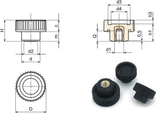 Knuled hollowed handwheel with threaded blind insert