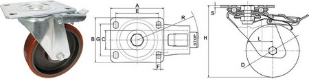 Industrial Castors - Polyurethane Tyre, Cast Iron Centre, Swivel Plate Braked